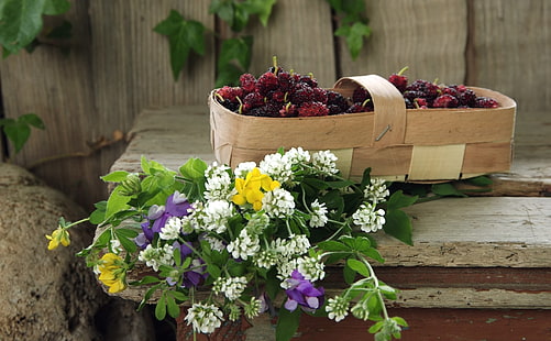 Korb, Blumen, Obst, Pflanzen, Stillleben, HD-Hintergrundbild HD wallpaper