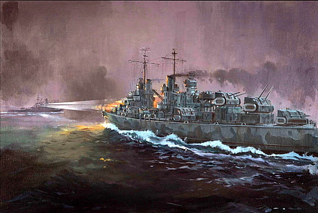 battle ship painting, rays, night, fire, figure, easy, art, American, shots, battleship, floodlight, Japanese, WW2, from 12-13 November 1942, the cruiser 