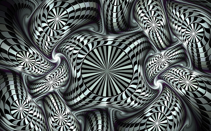 черно-белые оптические иллюзии цифровые обои, художественные, 3D-арт, абстрактные, черно-белые, цифровое искусство, фрактал, HD обои