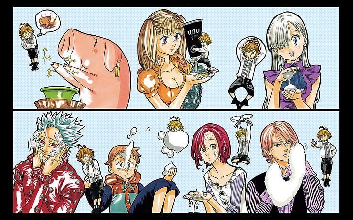 female anime character wearing orange shirt illustration collage, Nanatsu no Taizai, Fairy King Harlequin, Diane (Sin of Envy), HD wallpaper