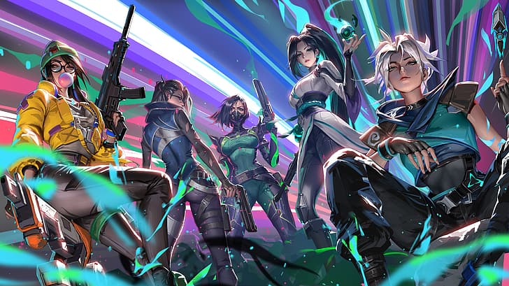 Jason Liang, Valorant, group of women, digital art, artwork, illustration, video game girls, fan art, weapon, glass, women with glasses, looking at viewer, Killjoy (Valorant), Viper (Valorant), Sage (valorant), Jett (Valorant), Fade (Valorant), video game characters, video games, HD wallpaper