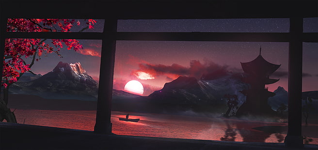 розовое лиственное дерево, солнце, закат, горы, вишня, озеро, дом, лодка, Япония, люди, сакура, HD обои HD wallpaper