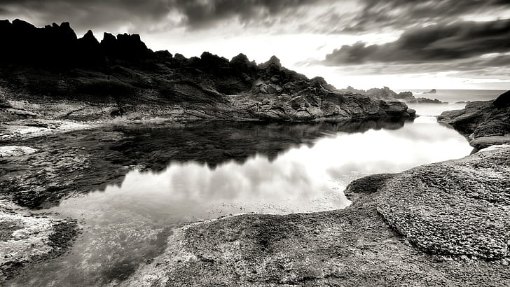 ขาวดำแม่น้ำเนินเขาหินเมฆธรรมชาติภูมิทัศน์, วอลล์เปเปอร์ HD