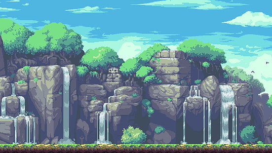 mountains, waterfall, trees, pixel art, HD wallpaper HD wallpaper