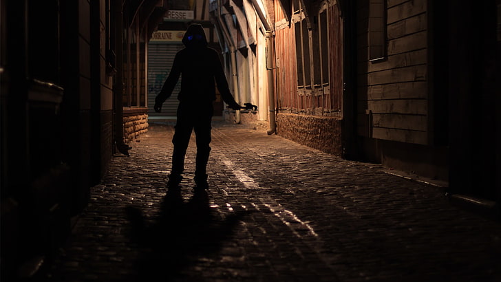 silhueta de pessoa em pé na rua, máscaras de gás, cara, cidade, noite, HD papel de parede