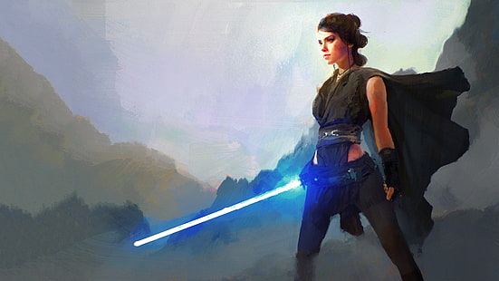 Ilustracja postaci z Gwiezdnych wojen, Gwiezdne wojny, Rey (z Gwiezdnych wojen), Gwiezdne wojny: Ostatni Jedi, filmy, grafika, miecz świetlny, Tapety HD HD wallpaper
