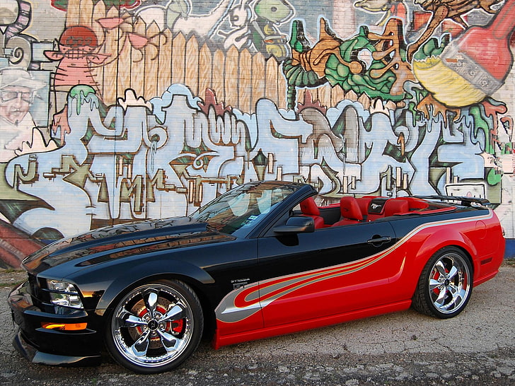 красно-черный кабриолет купе, форд, граффити, мустанг, HD обои