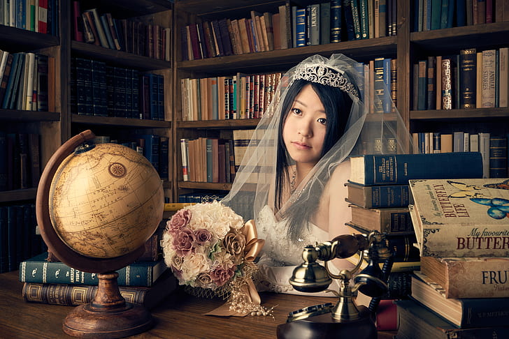 look, girl, style, mood, books, bouquet, phone, library, Asian, the bride, veil, globe, HD wallpaper
