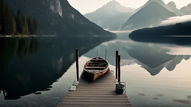 AI art, mountains, lake, jetty, boat, HD wallpaper