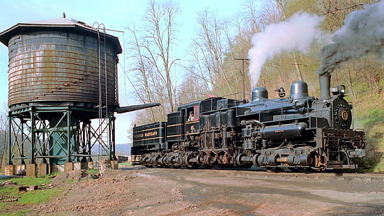 灰色の蒸気機関車、列車、車両、蒸気機関車、屋外、水タンク、 HDデスクトップの壁紙 HD wallpaper