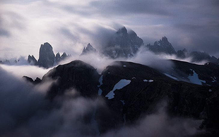 naturaleza, paisaje, niebla, montañas, Alpes, nubes, Italia, pico nevado, cumbre, Fondo de pantalla HD