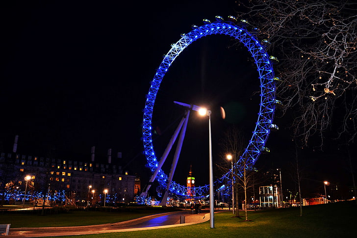 عجلة فيريس عملاقة ، عين لندن في الليل ، لندن المملكة المتحدة ، عجلة الألفية ، الضفة الجنوبية لنهر التايمز ، عين لندن، خلفية HD