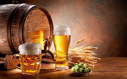 бочки, пиво, колосья, пена, хмель, кружки, пшеница, HD обои HD wallpaper