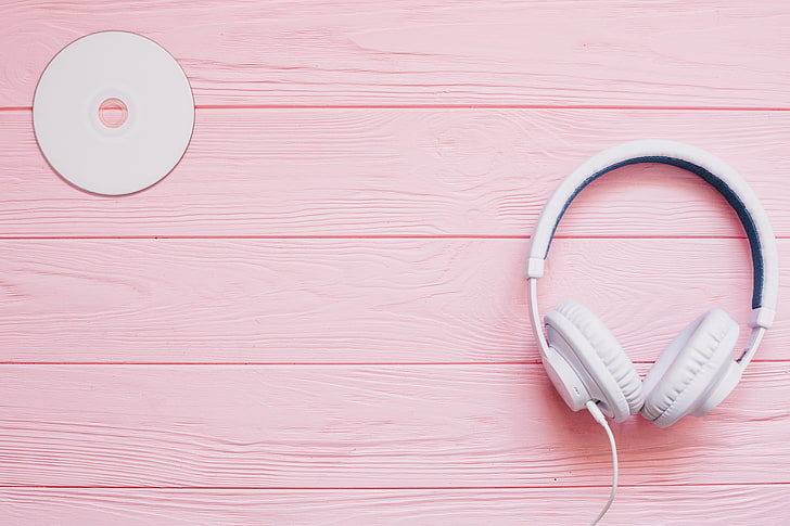white, music, headphones, disk, pink background, HD wallpaper