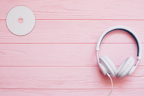 white, music, headphones, disk, pink background, HD wallpaper HD wallpaper
