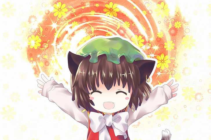 animal, blush, bows, brunettes, cat, chen, children, closed, ears, eyes, fangs, flowers, games, hair, hats, mouth, nekomimi, open, short, smiling, sparkles, tail, tails, touhou, video, HD wallpaper