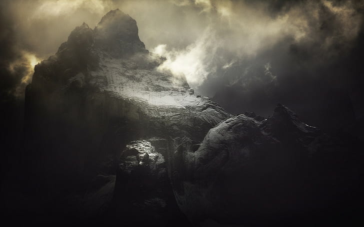 горы, Патагония, атмосфера, пейзаж, природа, облака, темно, туман, Чили, небо, HD обои