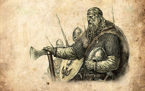 произведение искусства, викинги, топор, щит, шлем, гора и клинок, видеоигры, бежевый, HD обои HD wallpaper
