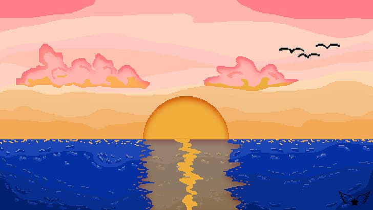 pixel art, sunset, clouds, sea, blue, pink, HD wallpaper