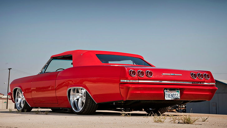 classic red coupe, chevrolet, impala, 1965, red, side view, HD wallpaper