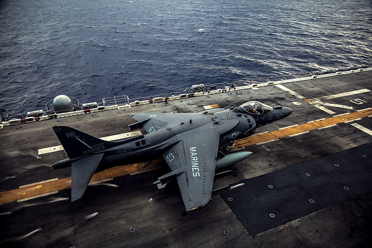 pesawat tempur abu-abu, pesawat, AV-8B Harrier II, pesawat militer, kapal induk, Wallpaper HD
