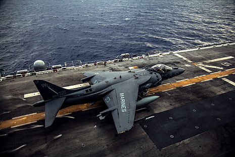 сив боен самолет, самолет, AV-8B Harrier II, военен самолет, самолетоносач, HD тапет HD wallpaper