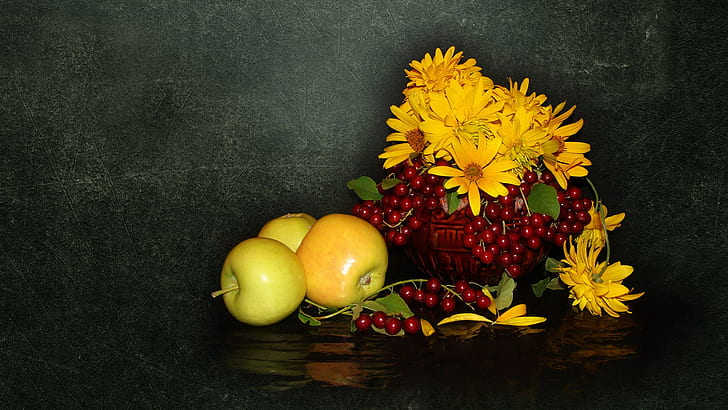 nature, mood, apples, beauty, beautiful, harmony, the s, cool, bouquet, nice, elegantly, wedding, delicate, bouquets, bride, cherry, author's photo by Elena Anikina, autumn still life, yellow flowers., berries of bird cherry, HD wallpaper