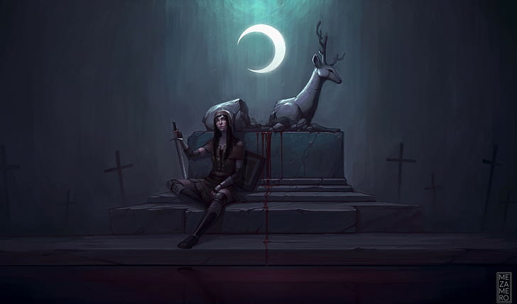 Fantasy Art, Luna, Spada, Cervo, illustrazione di cervi, Fantasy art, luna, spada, cervo, Sfondo HD