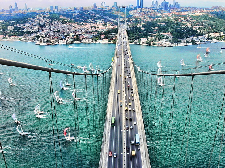 Мост Золотые Ворота в аэрофотосъемке, Стамбул, мост, парусник, Босфор, Босфорский мост, HD обои