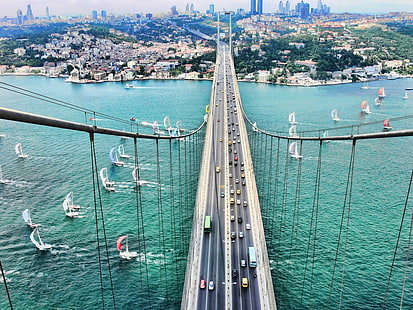 航空写真、イスタンブール、橋、帆船、ボスポラス海峡、ボスポラス橋のゴールデンゲートブリッジ、 HDデスクトップの壁紙 HD wallpaper