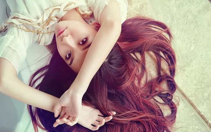 lying down, redhead, women, Asian, model, HD wallpaper