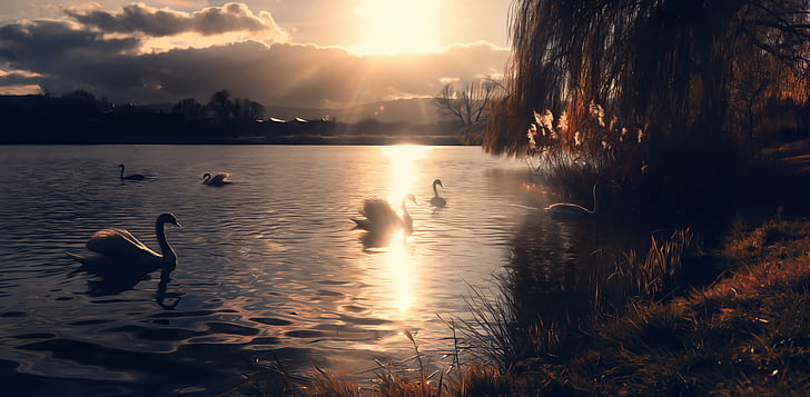 the sun, lake, swans, Miss Froggi, HD wallpaper