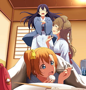 Love Live !, chicas anime, Sonoda Umi, Minami Kotori, Kousaka Honoka, Fondo de pantalla HD HD wallpaper