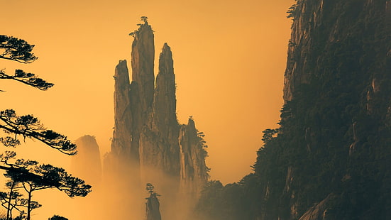 سلسلة جبال هوانغشان ، السماء البرتقالية ، آسيا ، الصين ، جبل هوانغشان ، جبل هوانغشان ، جبل. هوانغشان ، جبل هوانغشان ، التكوين الصخري ، الغابة ، الجبل الأصفر ، أنهوي ، قمة الجبل ، المناظر الطبيعية ، في الهواء الطلق ، ضوء الشمس ، هوانغشان ، القمة ، الشجرة ، السماء، خلفية HD HD wallpaper