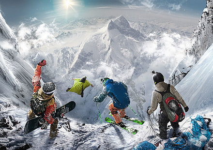 Paralotniarstwo, snowboard, narciarstwo, sporty ekstremalne, latanie w Wingsuit, stromy, Tapety HD HD wallpaper