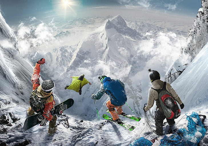 Esquí, vuelo en traje de alas, snowboard, parapente, empinado, deportes extremos, Fondo de pantalla HD