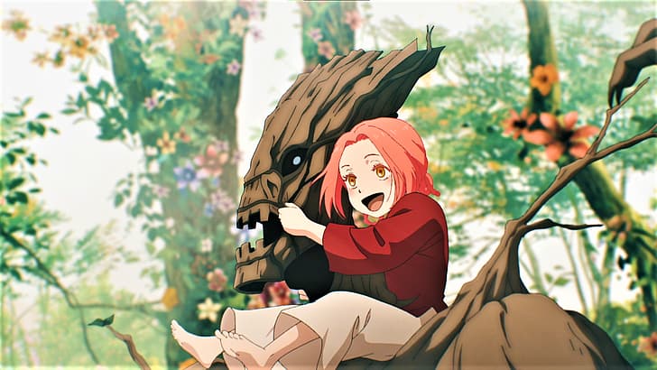 Hell's Paradise: Jigokuraku, drzewa, przyroda, kwiaty, uśmiechnięty, różowe włosy, anime, zrzut ekranu z anime, anime girls, Tapety HD