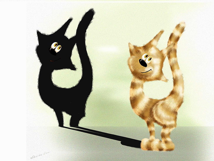 две черно-коричневые кошки иллюстрация, тень, рисунок, кошак, HD обои