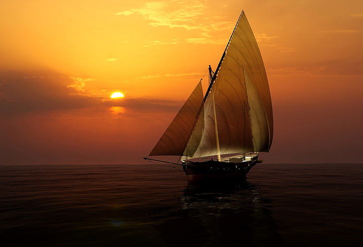 white and black sailboat, sea, the sky, the sun, sunset, yacht, horizon, sail, HD wallpaper