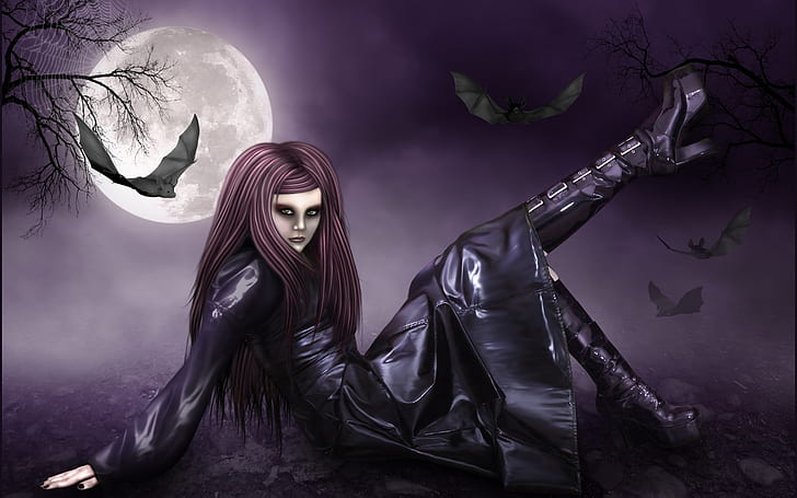 Full moon night of the red-haired fantasy girl, Moon, Night, Red, Fantasy, Girl, HD wallpaper