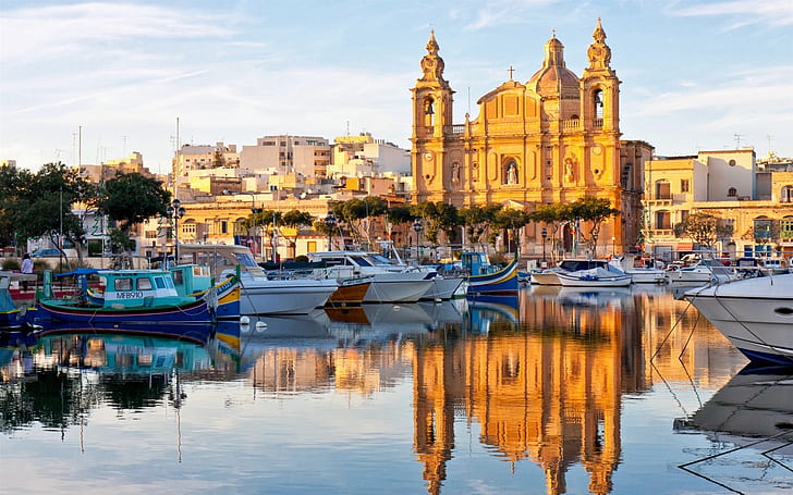 Valletta, Malta, odbicie wody, łodzie, domy, Valletta, Malta, woda, odbicie, łodzie, domy, Tapety HD
