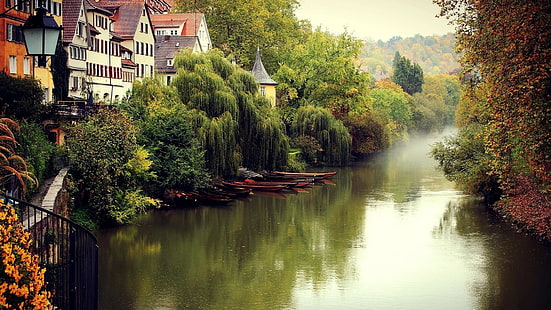 Баден-Вюртемберг, крайбрежие, река, канал, есен, дървесно растение, тубинген, държател линтурм, шикаринсел, река, воден път, село, Европа, невероятно, къща, природа, Германия, къщи, HD тапет HD wallpaper