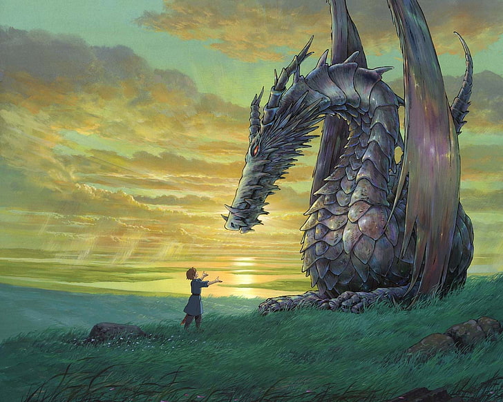 мъж, стоящ пред живопис на уивърн, филм, приказки от земното море, аниме, дракон, HD тапет