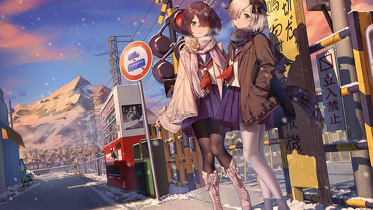 Gebäude, Bushaltestelle, Strumpfhose, kurze Haare, Schnee, Schal, Schuluniform, HD-Hintergrundbild