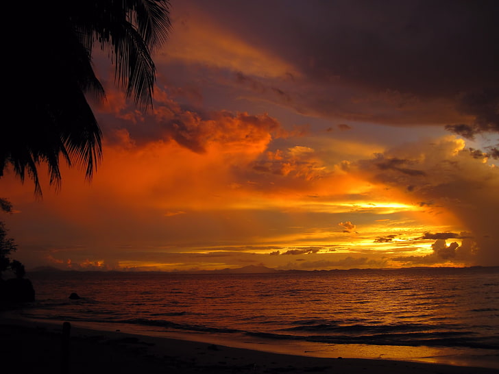 水、ビーチ、日没、空、雲、海の体の茶色の木製フレームの絵、 HDデスクトップの壁紙