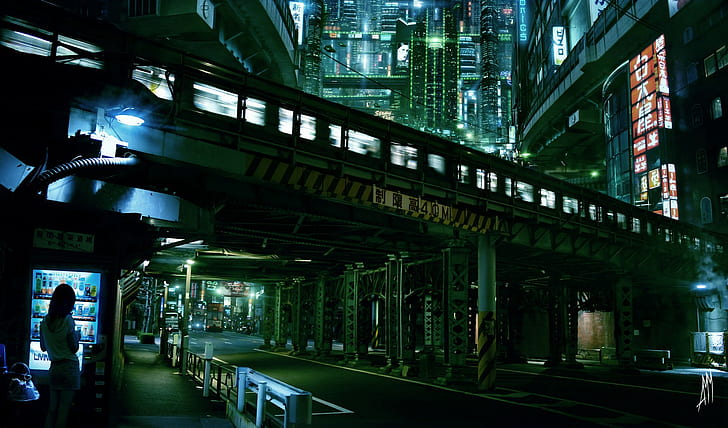 Cyberpunk, futurista, cidade, arquitetura, luzes, ponte de concreto cinza, cyberpunk, futurista, cidade, arquitetura, luzes, HD papel de parede