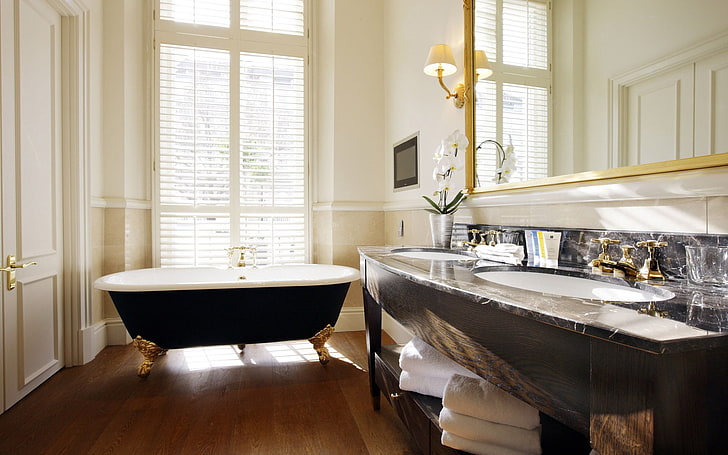 black and white bathtub, bathroom, comfort, room, furniture, sanitary ware, HD wallpaper