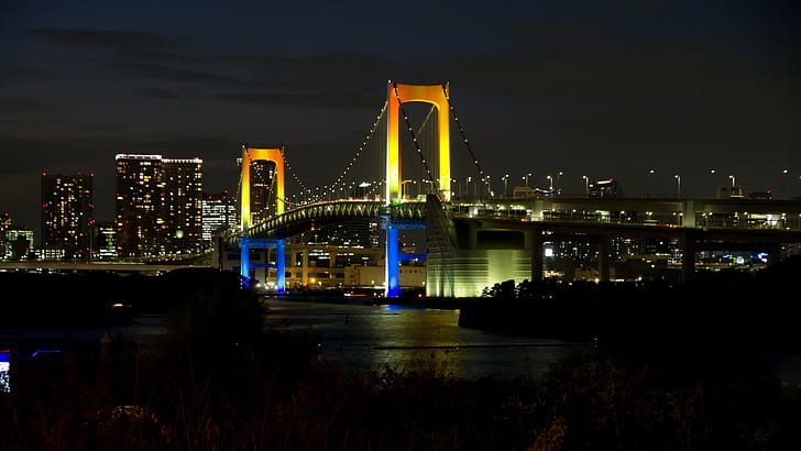 world, 2560x1440, bridge, Rainbow, tokyo, mac, japan rainbow bridge, rainbow bridge in japan, HD wallpaper