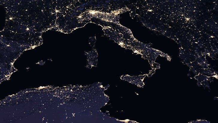 espace, mer, méditerranée, monde, marbre, bleu, 5k, carte, europe, italie, observatoire, satellite, terre, nuit, lumières, ville, Fond d'écran HD