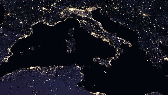 пространство, море, средиземноморски, свят, мрамор, син, 5k, карта, Европа, Италия, обсерватория, НАСА, сателит, земя, нощ, светлини, град, HD тапет HD wallpaper